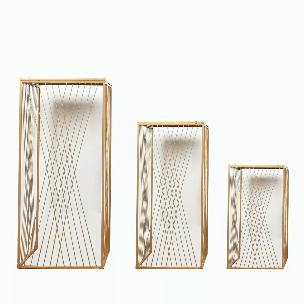 3 Gold Metal Pedestal Stands Geometric Crossed Lines Pattern Party Decorations
